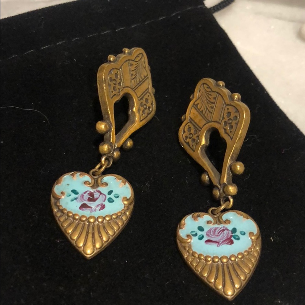 Vintage Heart Drop Earrings with Floral Design